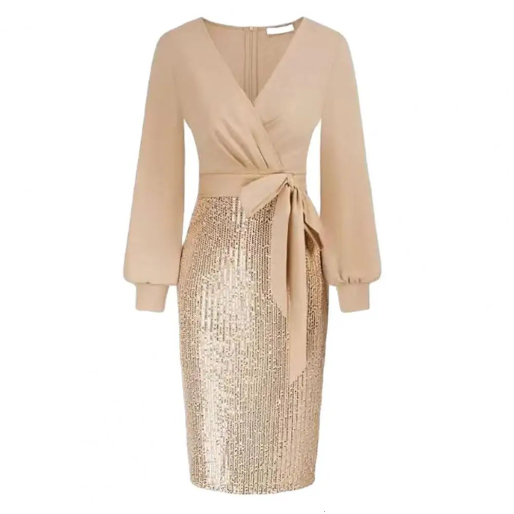 Basic Casual Dresse V neck Dress Stunning Sequin Splicing Bodycon Elegant V Neck Slim Fit Belted Waist for Evening Parties 231218