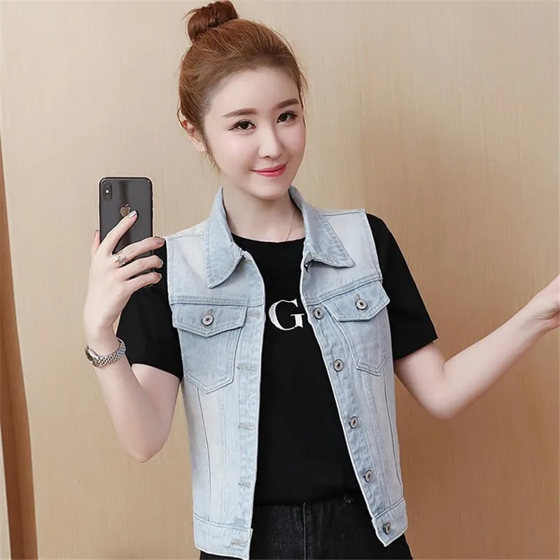 Women's Vests 2023 Spring Summer Short Denim Vest Jacket White Female Slim Sleeveless Coat Black Pink Plus size 6XL Casual Womens Waistcoat 23121