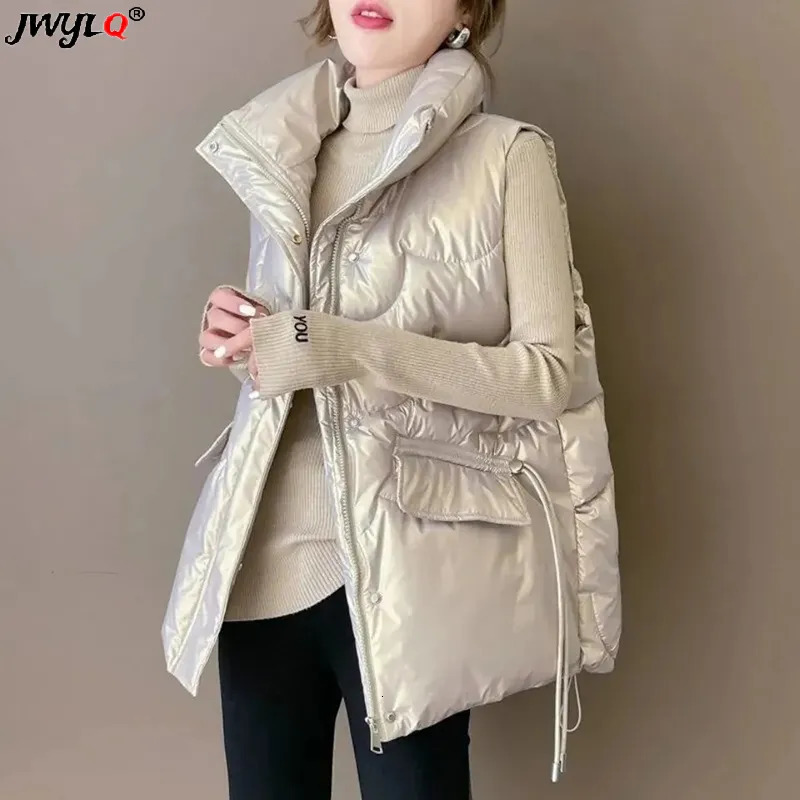 Women's Vests 2023 Oversized 4xl Glossy Vest Thick Warm Women Coats Winter Basic Sleeveless Cottonpadded Outwear Korean Allmatch Loose Tops 23121