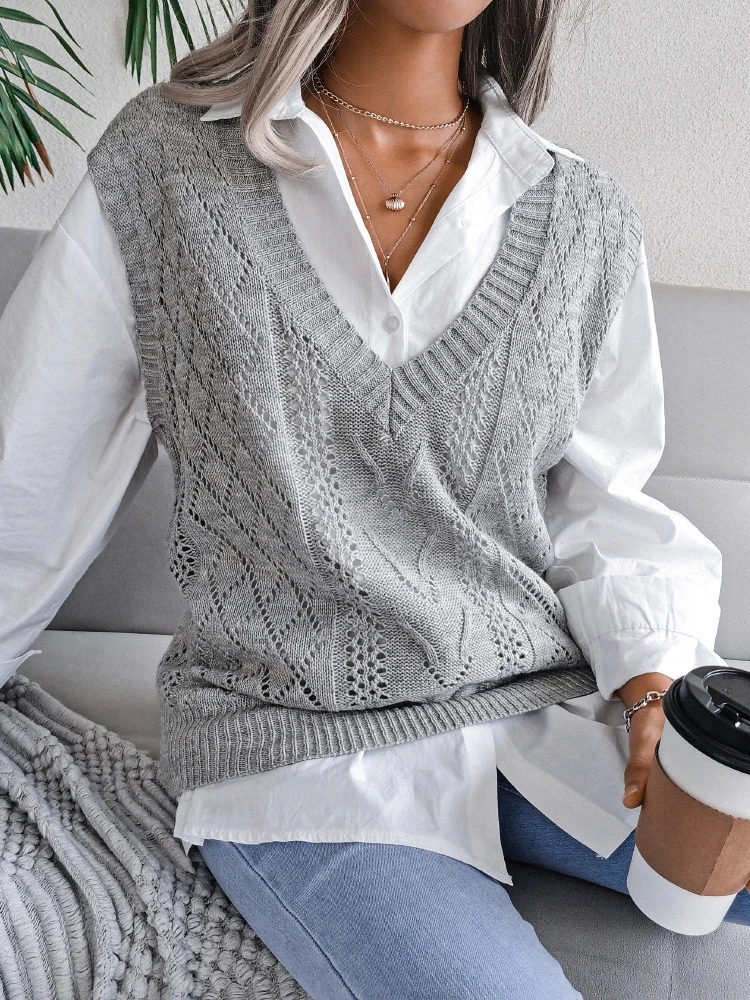 Women's Vest Sweater Knitted Sleeveless Casual V Neck Korean Knitwear Tops Elastic Fashion Streetwear Office Lady Solid Vests 231218