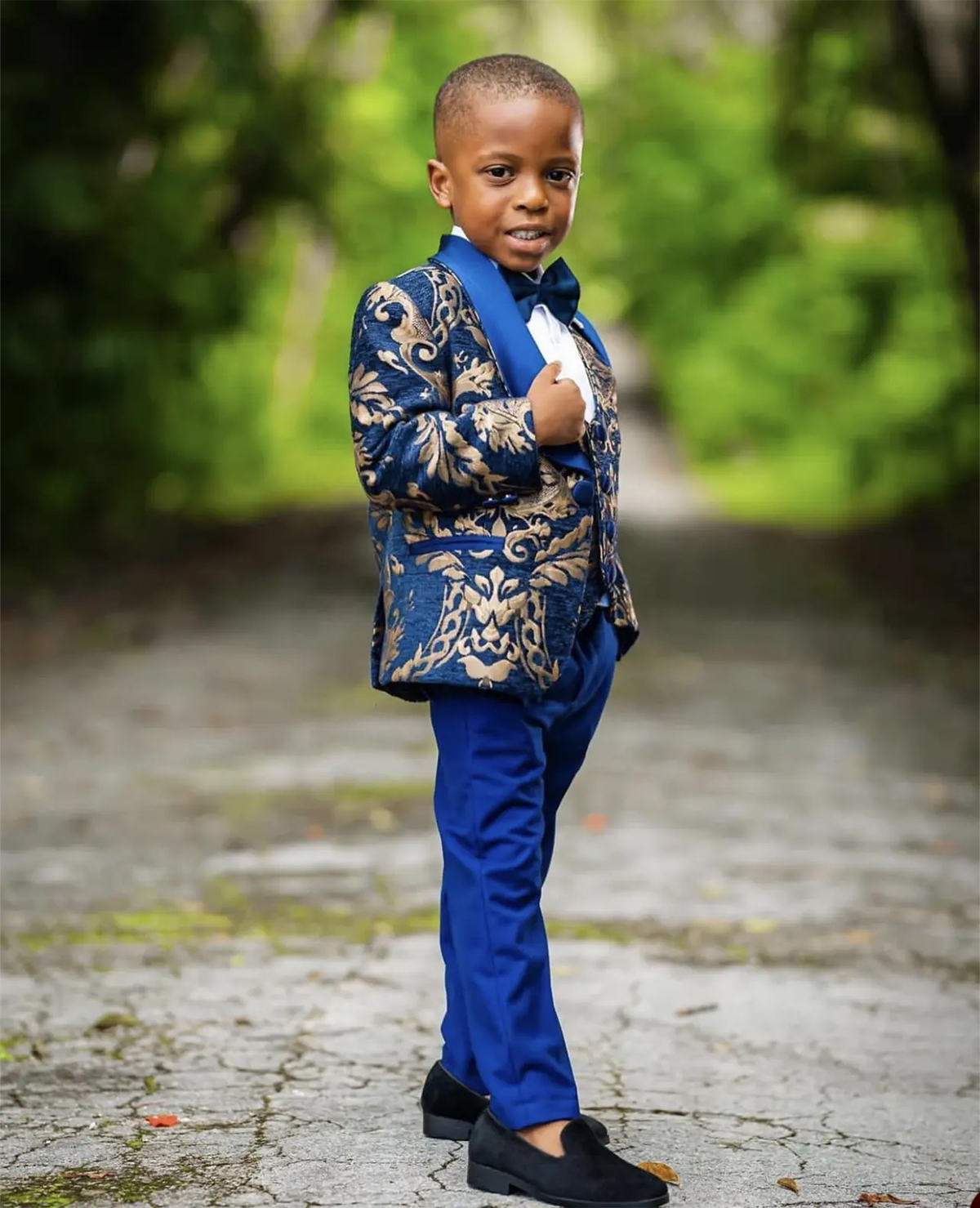 Navy Floral Pattern Boy Suits Dinner Tuxedos Little Kids For Wedding Party Prom Birthday Wear 3 Pieces Jacket Pants Vest