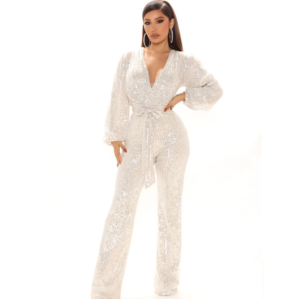 Elegant Long jumpsuit Mother of Bride Dress sequined black girl Wedding Guest Formal sexy deep V neck evening dress Jumpsuits plus size women Groom Dr