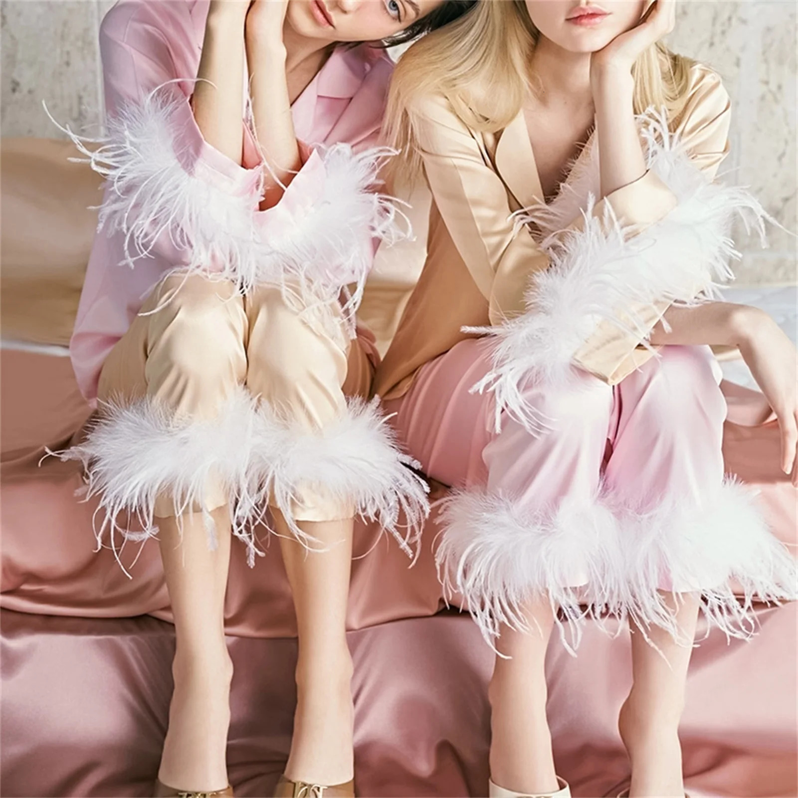 Women s Two Piece Pants Stain Women Pajama Sets Fashion Sleepwear Fall Spring Feather Tassles Long Sleeve 2 Pieces Korean Piiama Chic Home Suits 23121