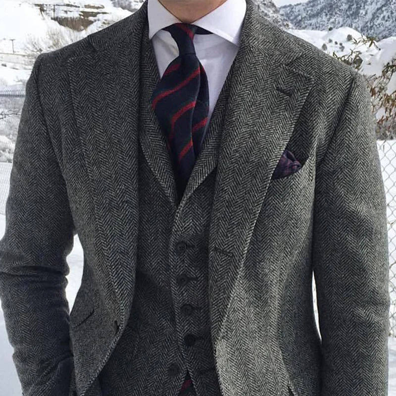 Mens Suits Blazers Gray Wool Tweed Winter Men For Wedding Formal Groom Tuxedo Herringbone Male Fashion 3 Piece Jacket Vest PantsTie 231218