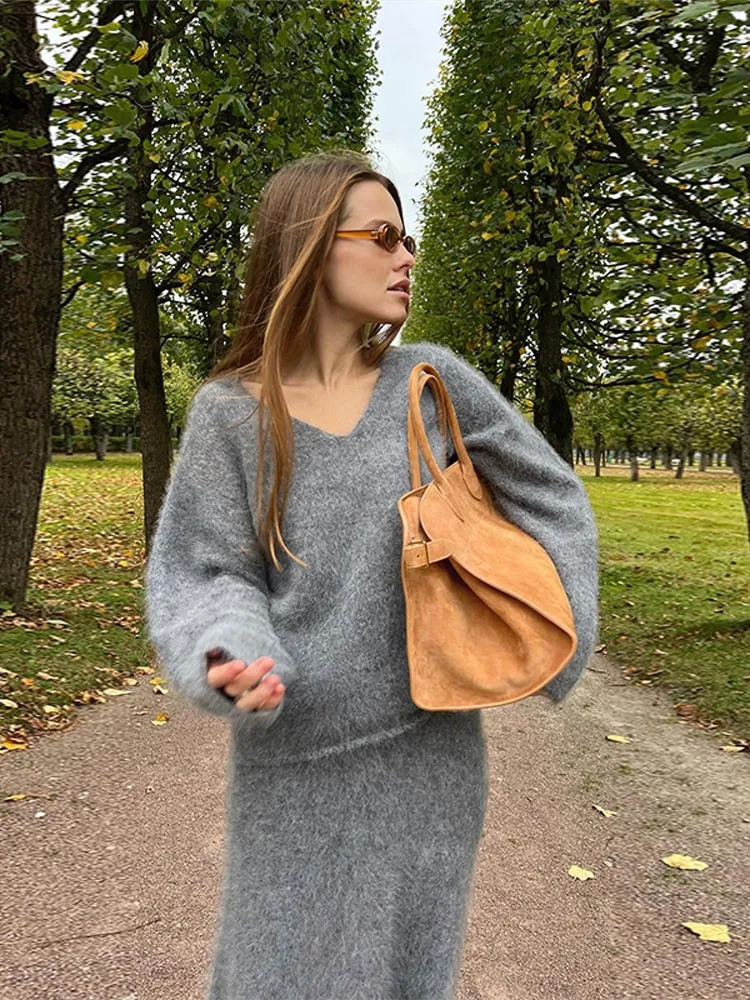 Women s Two Piece Pants Elegant Women Solid Mohair Skirt Set 2 Autumn Knit V Neck Long Sleeve Sweater Loose Midi Skirts Female Fashion Party Suits 231