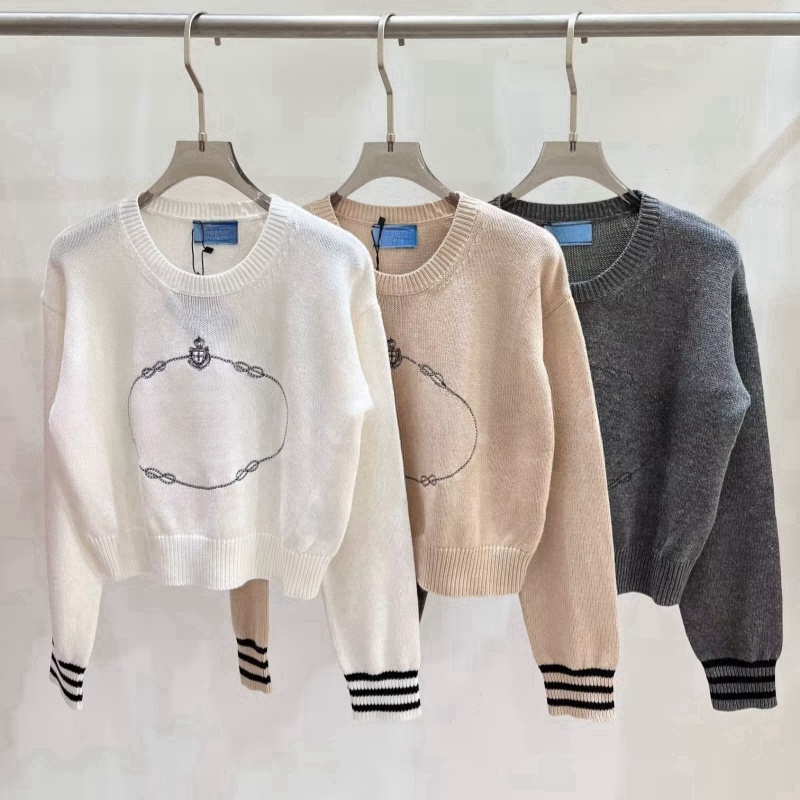 P designer sweater women 2024 Autumn Embroidery Women's wool Knit Round Neck Slim Fit Jacquard Letter Versatile Long sleeved Sweater for womens jumper