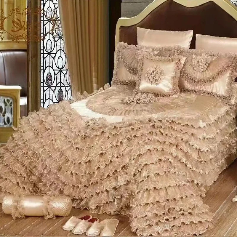 Bedding sets Champagne Wedding Style Jacquard Stereoscopic Lace Bedspread Bed skirt Bed Shett Coverlet Bed Cover Set Pillowcases 231218