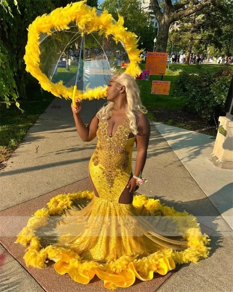 Yellow Mermaid Sparkly Diamonds Prom Dress 2024 Glitter Bead Crystals Rhinestones Feathers Birthday Party Gown Robe