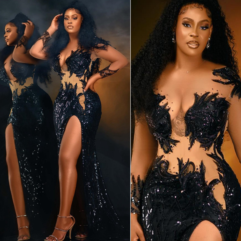 2024 Lastest Aso Ebi Prom Illusion Long Sleeves Sheer Neck Evening Dresses High Split For African Black Women Birthday Party Dress Second Reception St