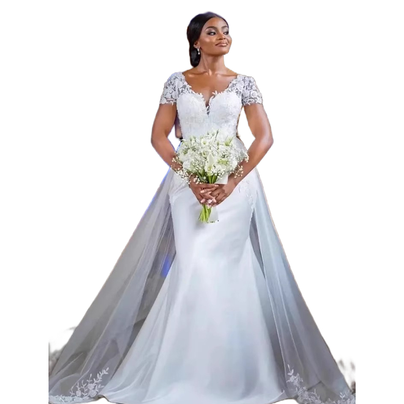 Elegant White Mermaid Wedding Dresses Short Sleeves 3D Lace Appliques V-Neck Long Satin Bridal Gowns With Detachable Train 2024 Arabic African Bride D