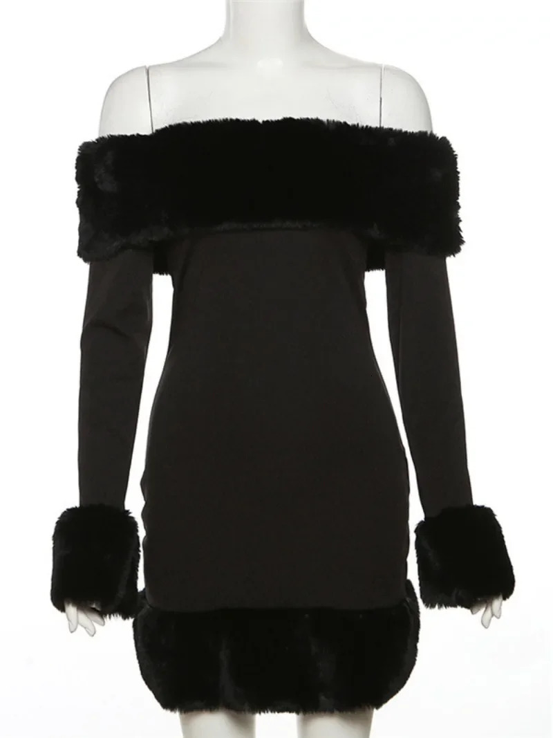 Urban Sexy Dresses Woman Clothing Off Shoulder Slash Neck Fur Patchwork Black Dress 2023 Autumn Long Sleeve Bodycon Short Party Evening 231218