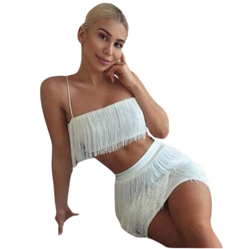 Tobinoone Women sexy club tassel short crop top women tops skirt summer 2 piece set for female women two pieces set skirts white Y7183530