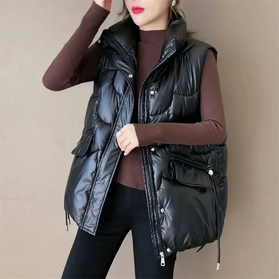 Women's Vests 2023 Oversized 4xl Glossy Vest Thick Warm Women Coats Winter Basic Sleeveless Cottonpadded Outwear Korean Allmatch Loose Tops 23121