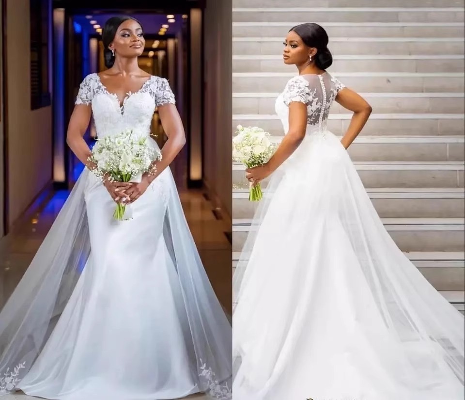 Elegant White Mermaid Wedding Dresses Short Sleeves 3D Lace Appliques V-Neck Long Satin Bridal Gowns With Detachable Train 2024 Arabic African Bride D