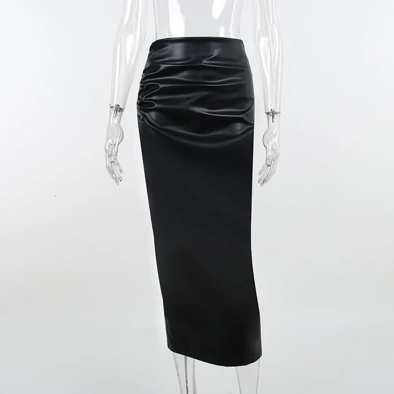 Skirts Elegant Skirt Office Lady Fashion Ruched PU Leather Midi Women Slim High Waist Black Spring Autumn Bottom 2023 231218