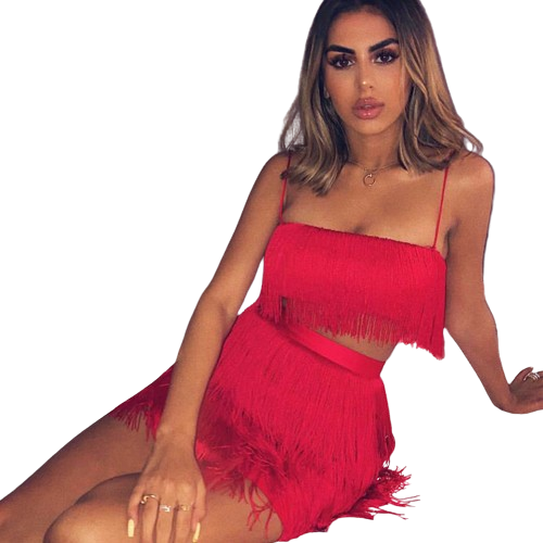 Tobinoone Women sexy club tassel short crop top women tops skirt summer 2 piece set for female women two pieces set skirts white Y7183530