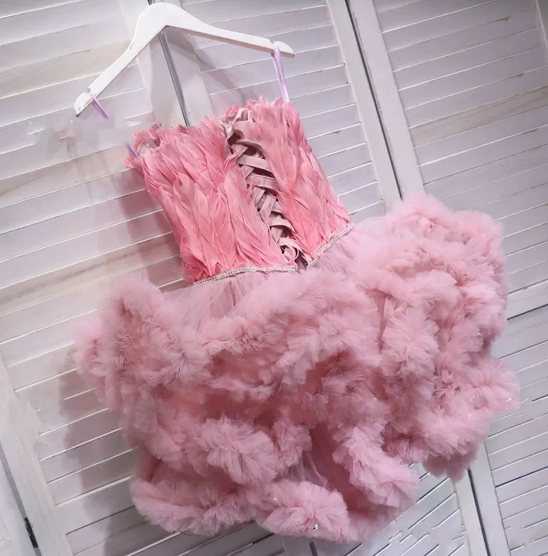 Short Pink Feather Prom Dresses Ruffles Pluffy Tulle Mini Cocktail Party Dress For Women Girls Sweetheart Spsghetti Sleeveless Cute Little Homecoming 