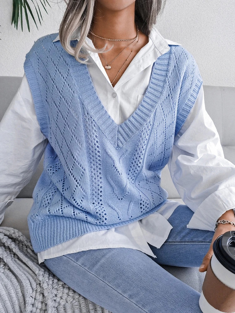 Women's Vest Sweater Knitted Sleeveless Casual V Neck Korean Knitwear Tops Elastic Fashion Streetwear Office Lady Solid Vests 231218