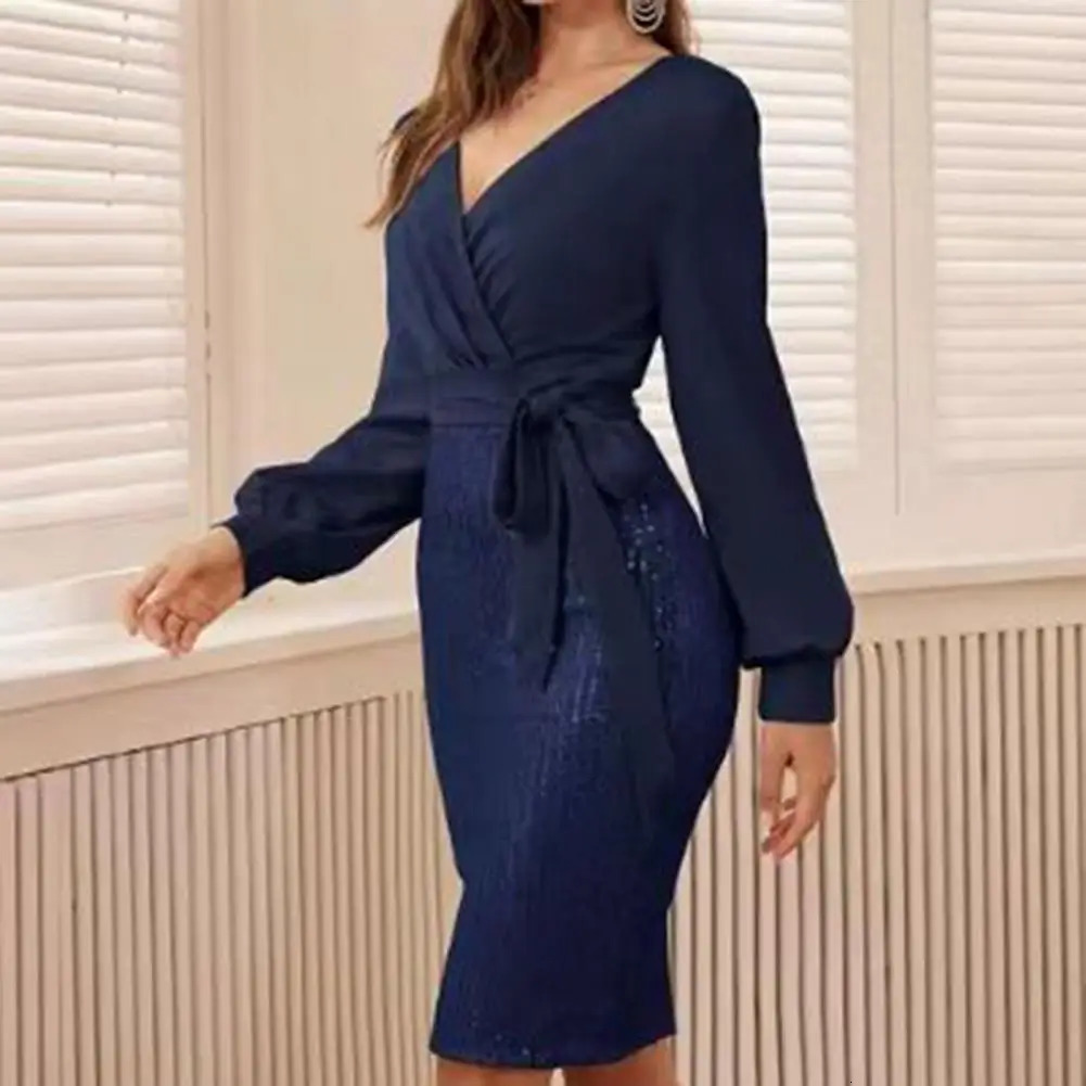 Basic Casual Dresse V neck Dress Stunning Sequin Splicing Bodycon Elegant V Neck Slim Fit Belted Waist for Evening Parties 231218