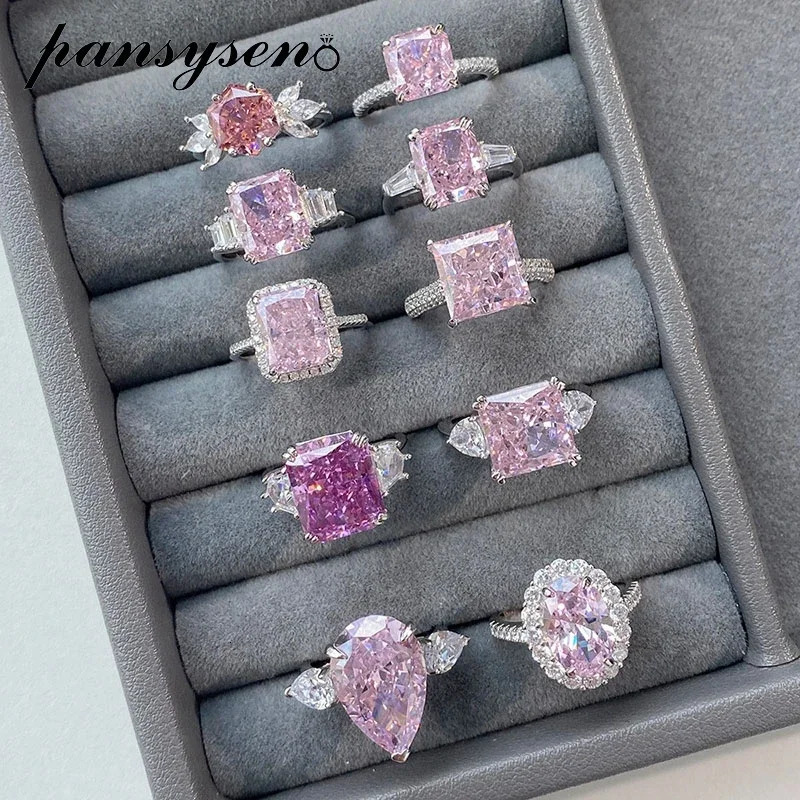 Wedding Rings PANSYSEN 100% 925 Sterling Silver High Carbon Diamond Pink Sapphire Gemstone Engagement Ring Wedding Band for Women Fine Jewelry 231218