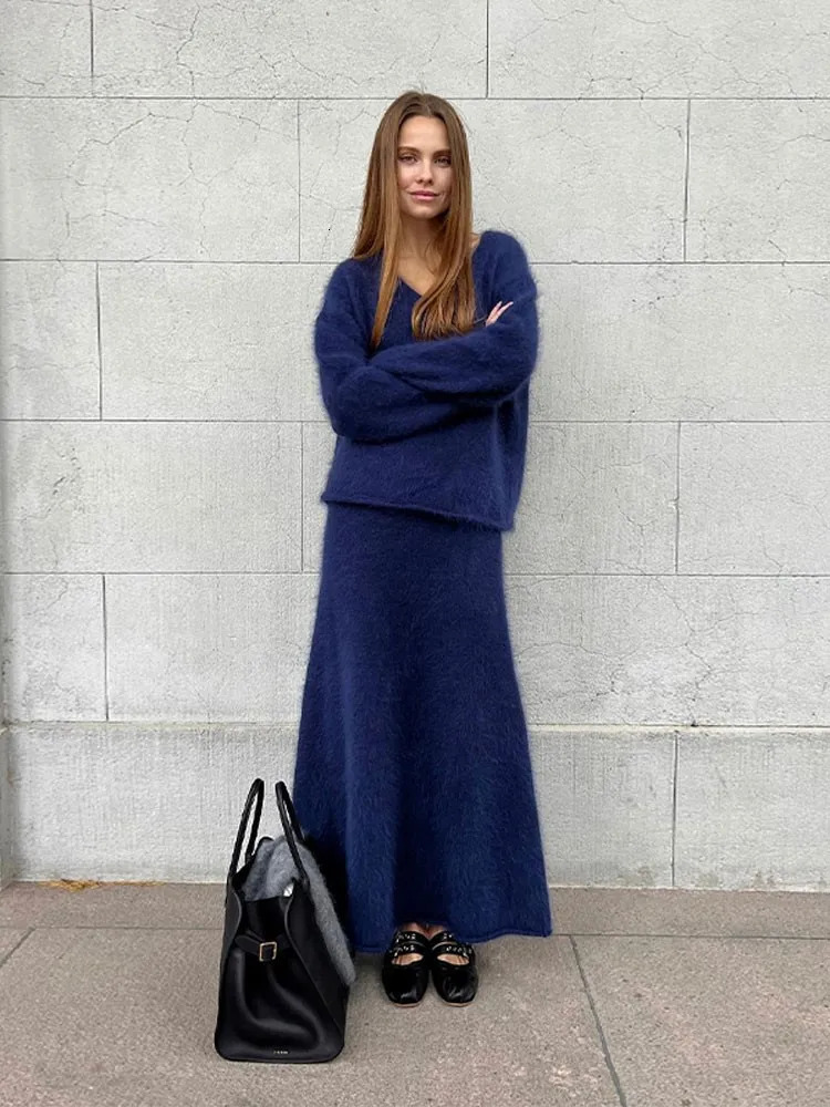 Women s Two Piece Pants Elegant Women Solid Mohair Skirt Set 2 Autumn Knit V Neck Long Sleeve Sweater Loose Midi Skirts Female Fashion Party Suits 231
