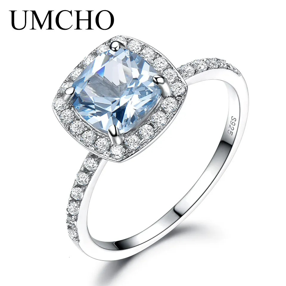 Wedding Rings UMCHO Aquamarine Blue topaz Gemstone Engagement Ring Genuine 925 Sterling Silver Rings for Women Wedding Promise Fine Jewelry 231218