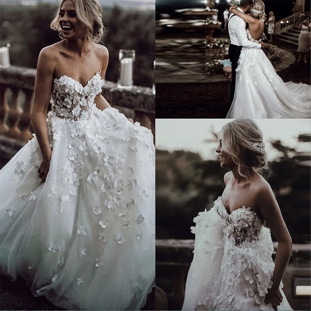Lace Floral D A Line Wedding Gowns Bohemian Country Sweetheart Sexy Backless Bridal Dresses Sweep Train Tulle Vestidos De Novia Plus Size resses e