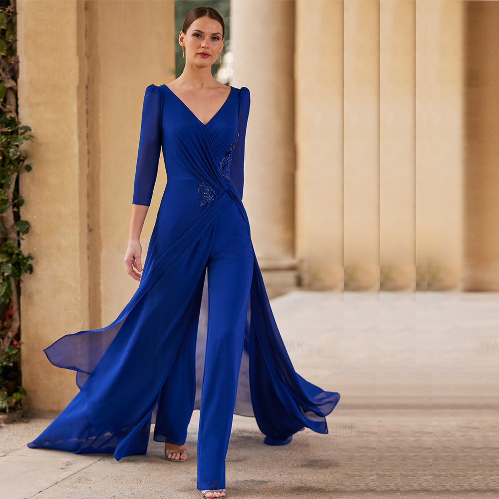 Blue Chiffon Mother of the Bride Suits V Neck 3/4 Sleeve Outfit for Wedding Guest Wear Long Jacket Pantsuit Godmother Dress