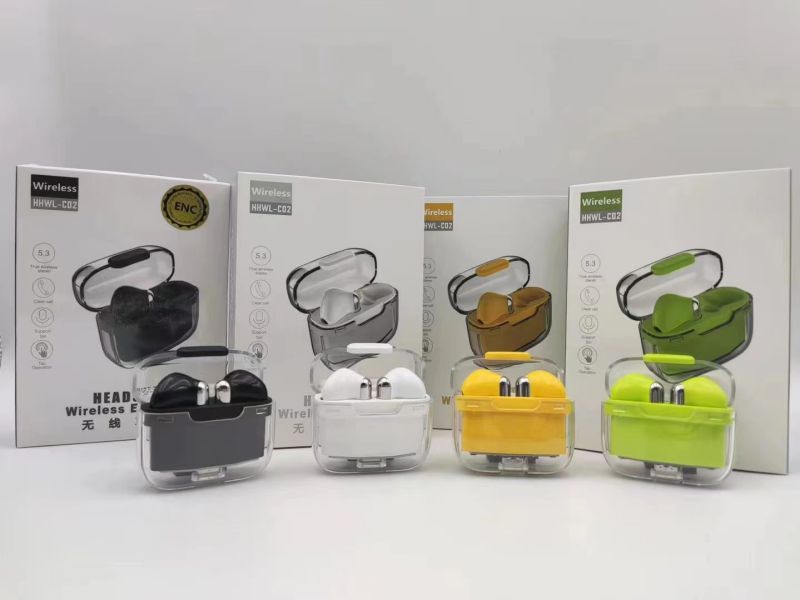 In-ear headset ENC TWS Bluetooth wireless earphones C02 Transparent shell Fingerprint control Built-in Microphone High quality Sport Earphone Music he