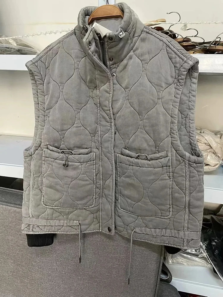 Women's Vests Autumn Winter Grey Vest Cotton Padded Waistcoat Warm Jacket Standing Collar Sleeveless Streetwear Outerwear 231218
