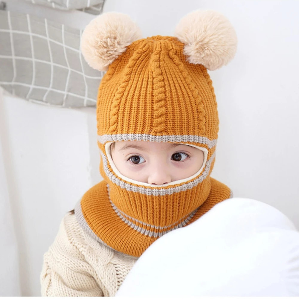 Caps Hats Children s Boys Girls Knitted Woolen Beanie Hat Winter Baby Warm With Scarf Cover For Kids 1 6 Year Windproof Cap 231218