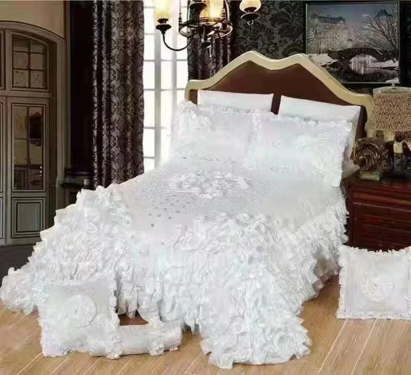 Bedding sets Champagne Wedding Style Jacquard Stereoscopic Lace Bedspread Bed skirt Bed Shett Coverlet Bed Cover Set Pillowcases 231218