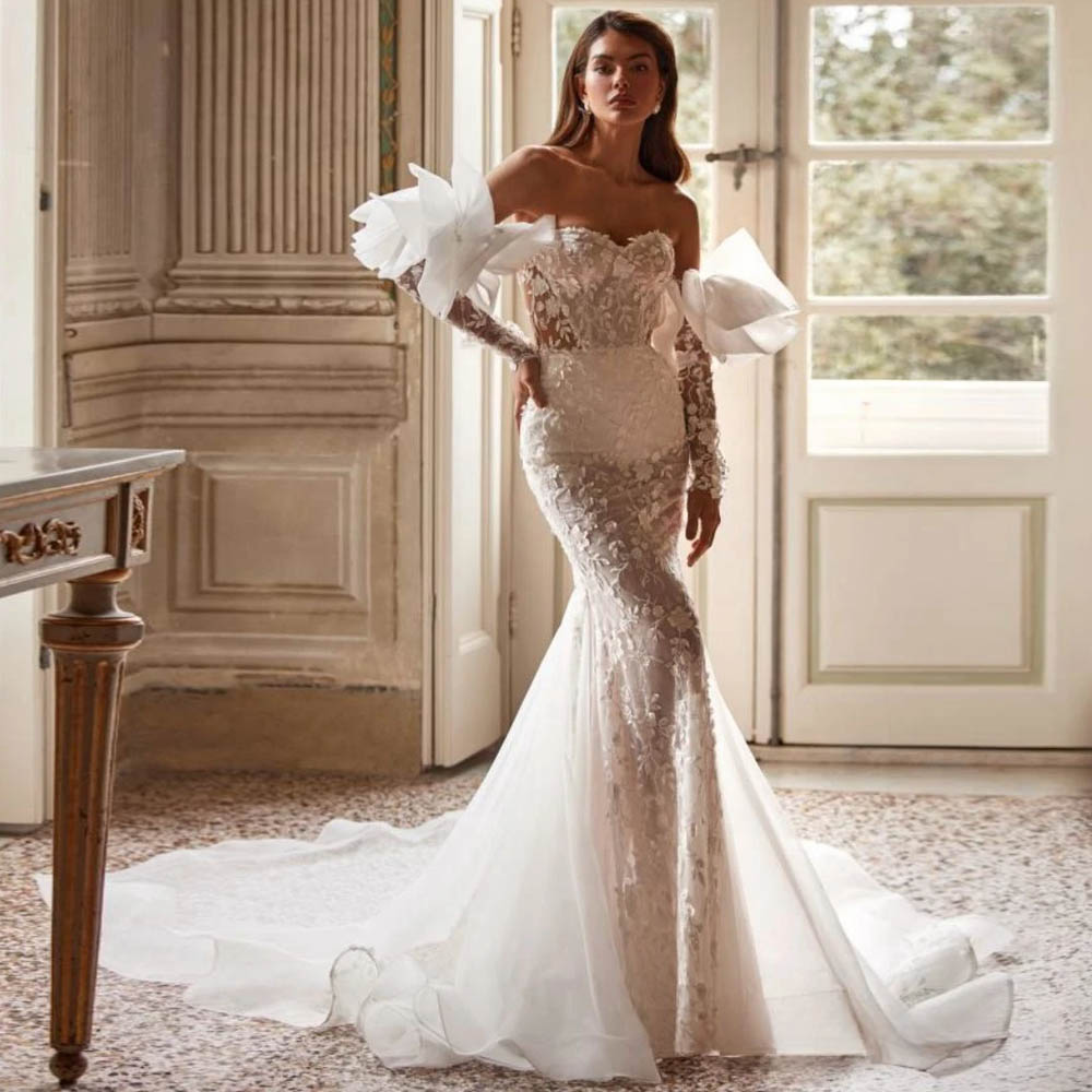 Illusion Lace Modest Mermaid Wedding Dresses Sweetheart Detachable Sleeve Bridal Gown See Thr Robe De Mariee