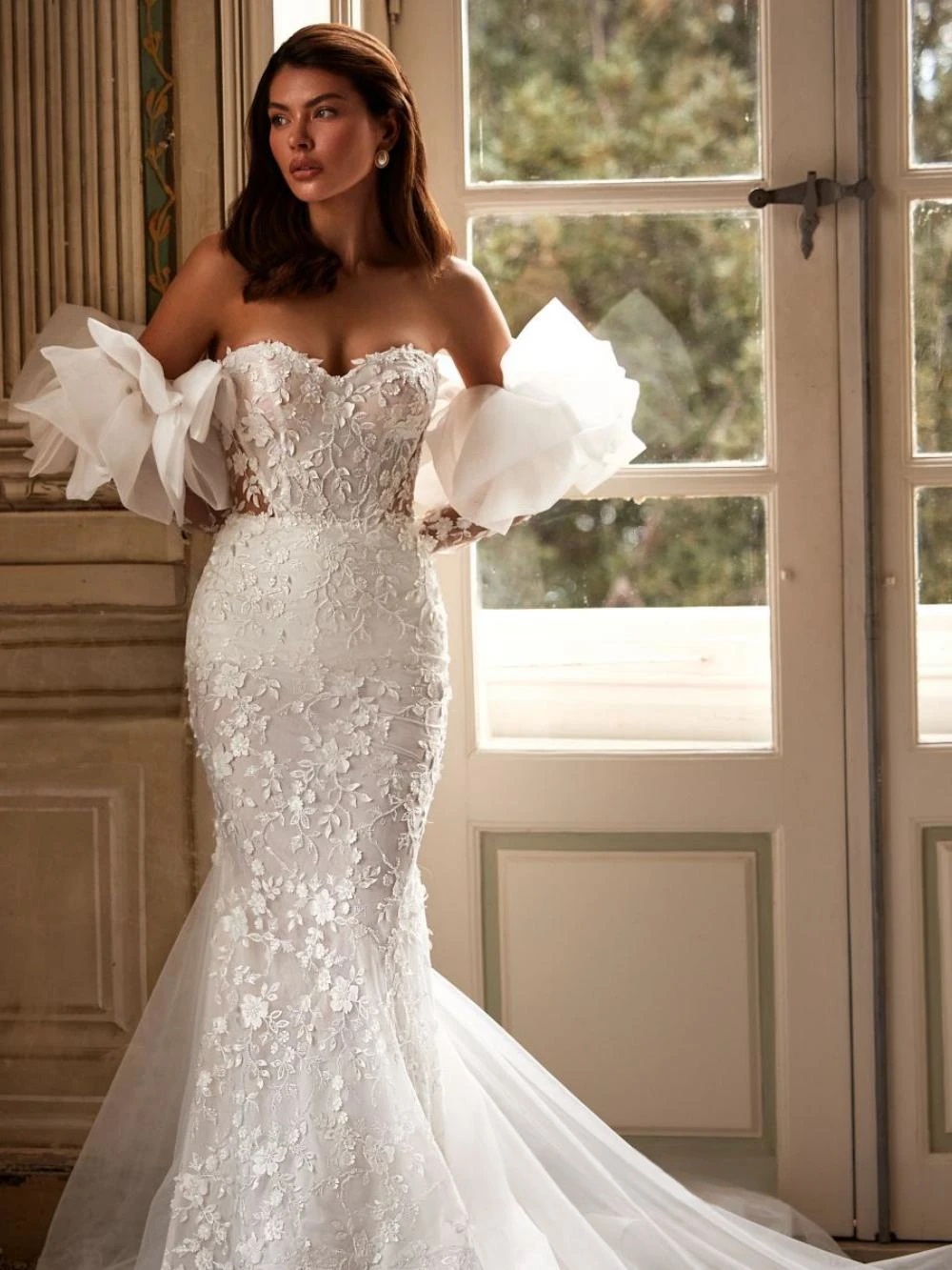 Illusion Lace Modest Mermaid Wedding Dresses Sweetheart Detachable Sleeve Bridal Gown See Thr Robe De Mariee