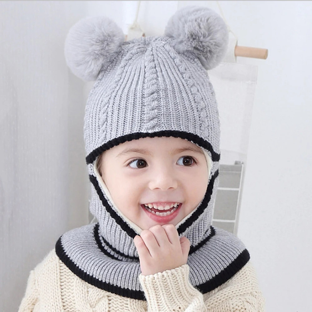 Caps Hats Children s Boys Girls Knitted Woolen Beanie Hat Winter Baby Warm With Scarf Cover For Kids 1 6 Year Windproof Cap 231218