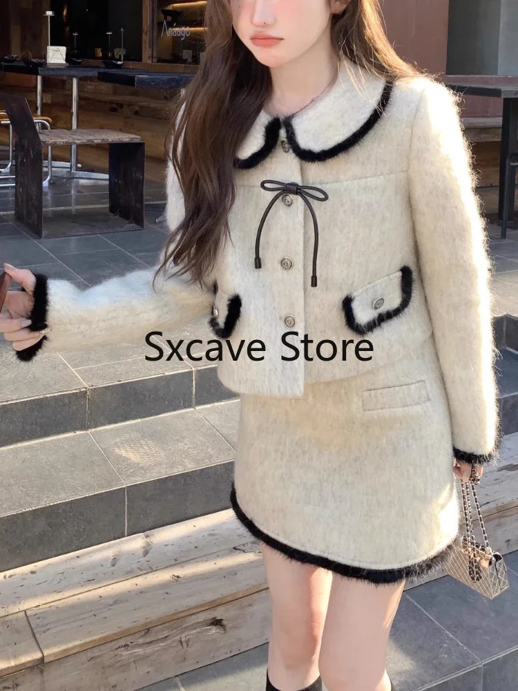 Two Piece Dress Elegant French 2 Skirts Set Women Casual Vintage Fur Jacket Coats Mini Skirt Office Lady 2023 Winter Korean Fashion Suit 231218