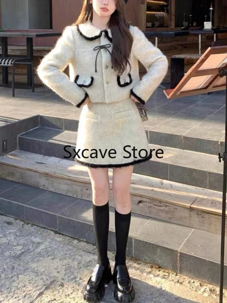 Two Piece Dress Elegant French 2 Skirts Set Women Casual Vintage Fur Jacket Coats Mini Skirt Office Lady 2023 Winter Korean Fashion Suit 231218