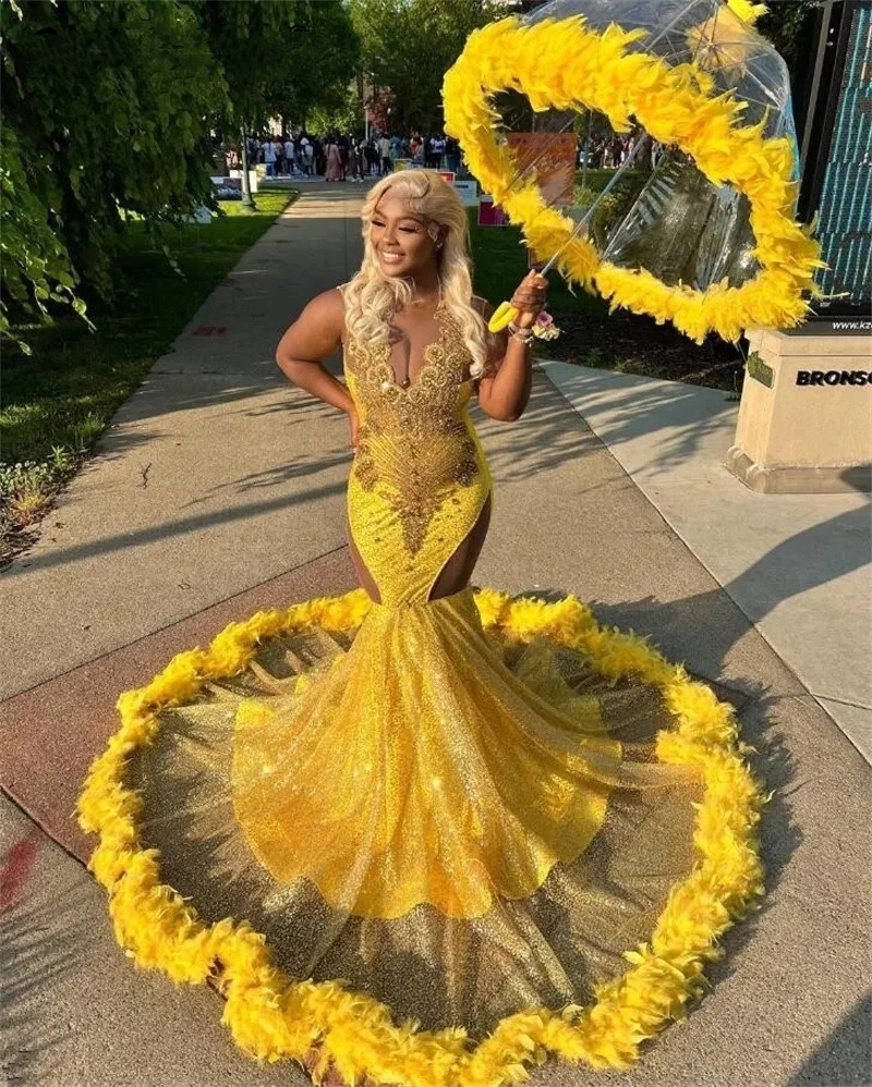Yellow Mermaid Sparkly Diamonds Prom Dress 2024 Glitter Bead Crystals Rhinestones Feathers Birthday Party Gown Robe