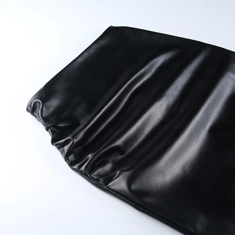 Skirts Elegant Skirt Office Lady Fashion Ruched PU Leather Midi Women Slim High Waist Black Spring Autumn Bottom 2023 231218