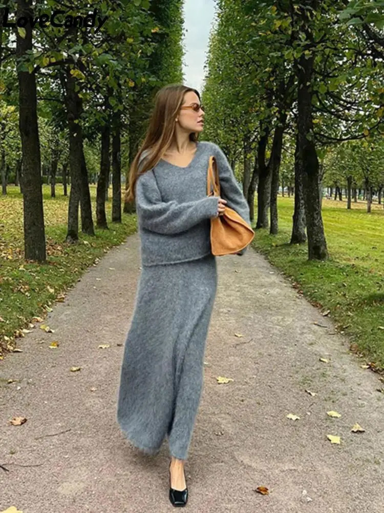Women s Two Piece Pants Elegant Women Solid Mohair Skirt Set 2 Autumn Knit V Neck Long Sleeve Sweater Loose Midi Skirts Female Fashion Party Suits 231