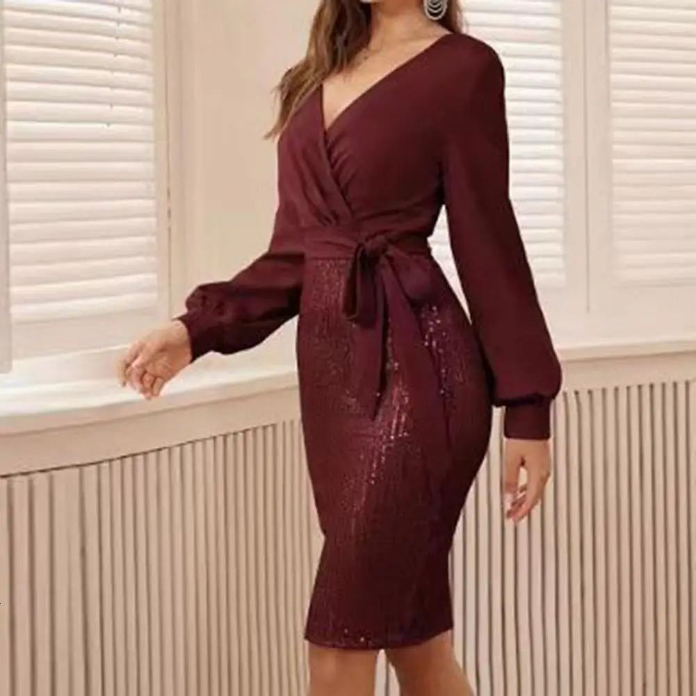Basic Casual Dresse V neck Dress Stunning Sequin Splicing Bodycon Elegant V Neck Slim Fit Belted Waist for Evening Parties 231218