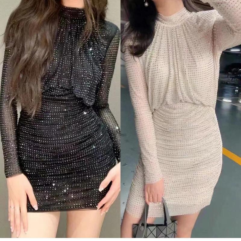 Casual Dresses French Style Black Heavy Work Diamond Sparkling Slim Bag Hip Dress For Women Autumn Long Sleeved Party S781