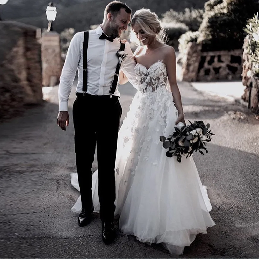 Lace Floral D A Line Wedding Gowns Bohemian Country Sweetheart Sexy Backless Bridal Dresses Sweep Train Tulle Vestidos De Novia Plus Size resses e