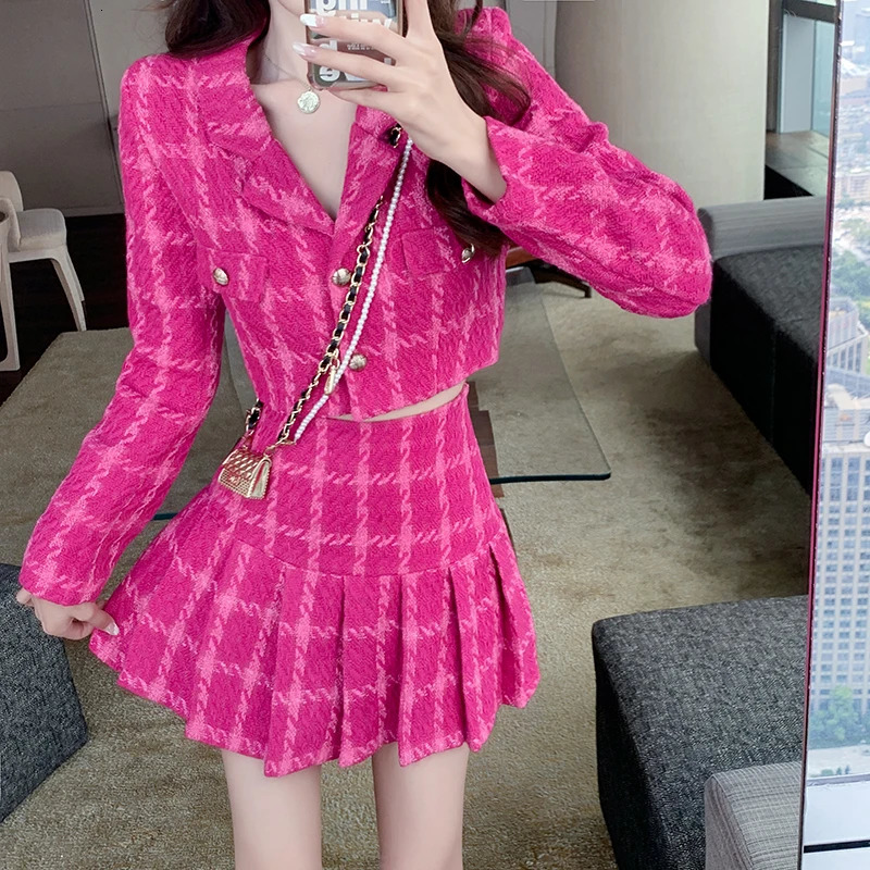 Two Piece Dress Fall Small Fragrance Vintage Tweed Two Piece Set Women Crop Top Woolen Short Jacket Coat Mini Skirts Sets Sweet 2 Piece Suits 231218
