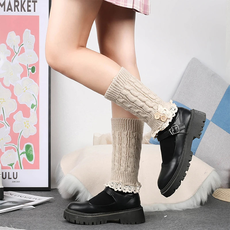 Shoe Parts Double Button Cable Cuff Short Leg Warmer New Womens Boot Soc Knitted Lace Trim Fashion Boots Accessories 231218