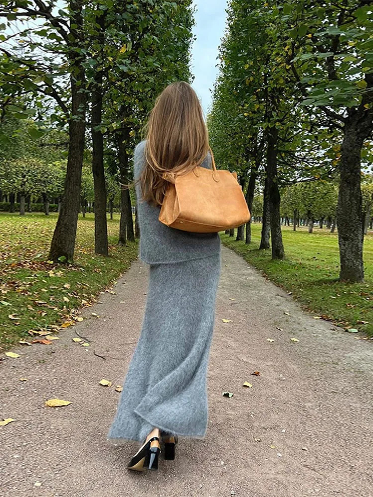 Women s Two Piece Pants Elegant Women Solid Mohair Skirt Set 2 Autumn Knit V Neck Long Sleeve Sweater Loose Midi Skirts Female Fashion Party Suits 231