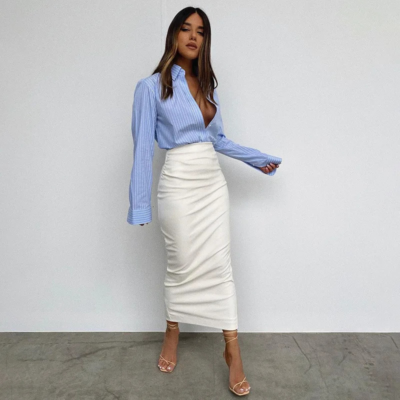 Skirts Elegant Skirt Office Lady Fashion Ruched PU Leather Midi Women Slim High Waist Black Spring Autumn Bottom 2023 231218