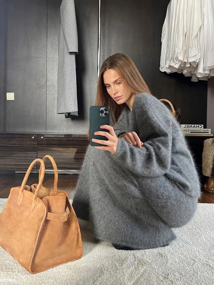 Women s Two Piece Pants Elegant Women Solid Mohair Skirt Set 2 Autumn Knit V Neck Long Sleeve Sweater Loose Midi Skirts Female Fashion Party Suits 231