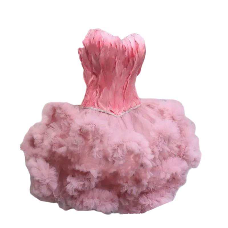 Short Pink Feather Prom Dresses Ruffles Pluffy Tulle Mini Cocktail Party Dress For Women Girls Sweetheart Spsghetti Sleeveless Cute Little Homecoming 