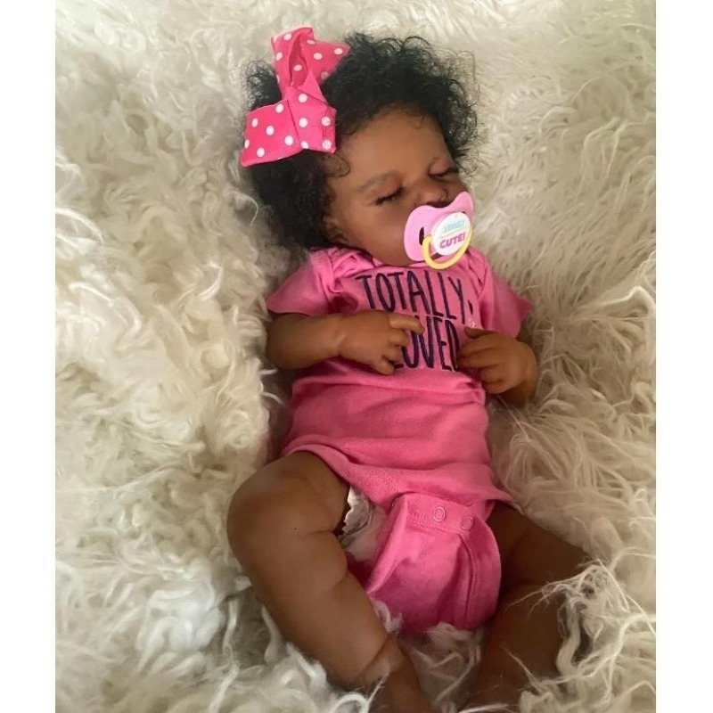 Dolls 49cm Reborn Baby Doll Already Painted Finished Girl Loulou black skin Sleeping Doll with Hand-root Hair Collectable Doll 231208 - view 4